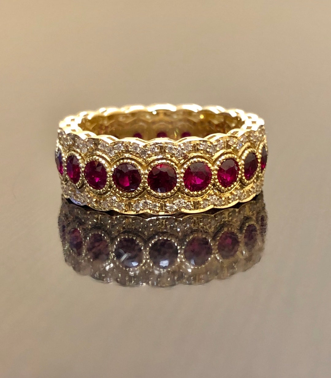 18K Yellow Gold Art Deco Eternity Diamond Ruby Engagement Band ...