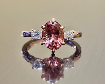 Art Deco 14K Rose Gold Pear Shape Diamond Three Stone Pink Tourmaline Engagement Ring - Rose Gold Art Deco Tourmaline Diamond Wedding Ring