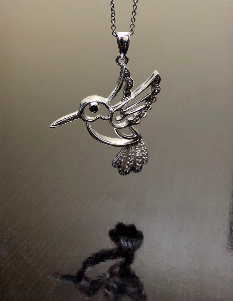Silver Diamond Hummingbird Necklace Handmade Sterling Silver Hummingbird Diamond Necklace Black Diamond Silver Hummingbird Pendant