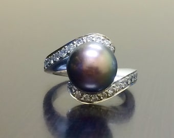 Art Deco Platinum Black Pearl Diamond Engagement Ring Black Pearl Platinum Diamond Wedding Ring Black Pearl Ring Pearl Diamond Ring