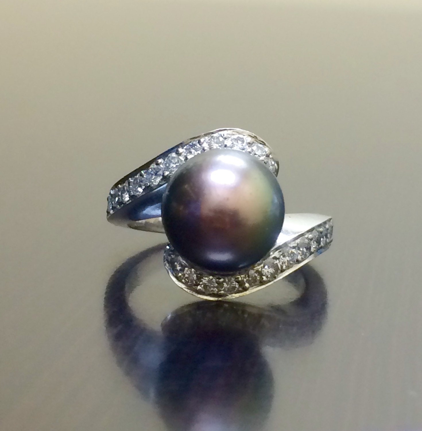 9.0-10.0mm Tahitian Black Pearl and Diamond Halo Ring