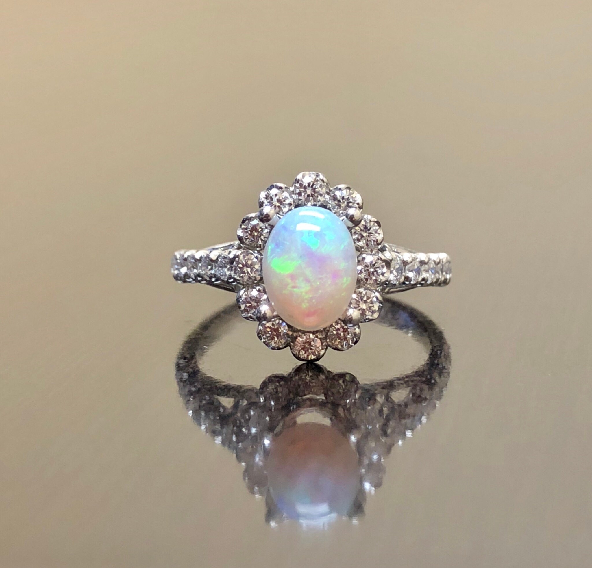 18K White Gold Halo Diamond Art Deco Opal Engagement Ring | Etsy