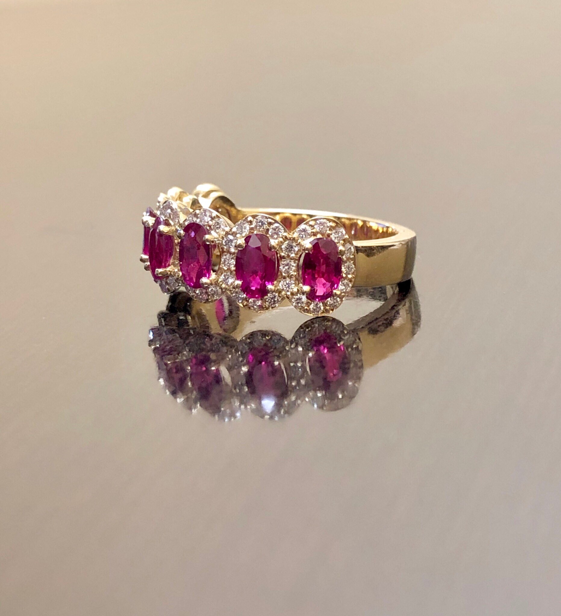 18K Yellow Gold Half Eternity Diamond Halo Ruby Engagement Band - 18K ...