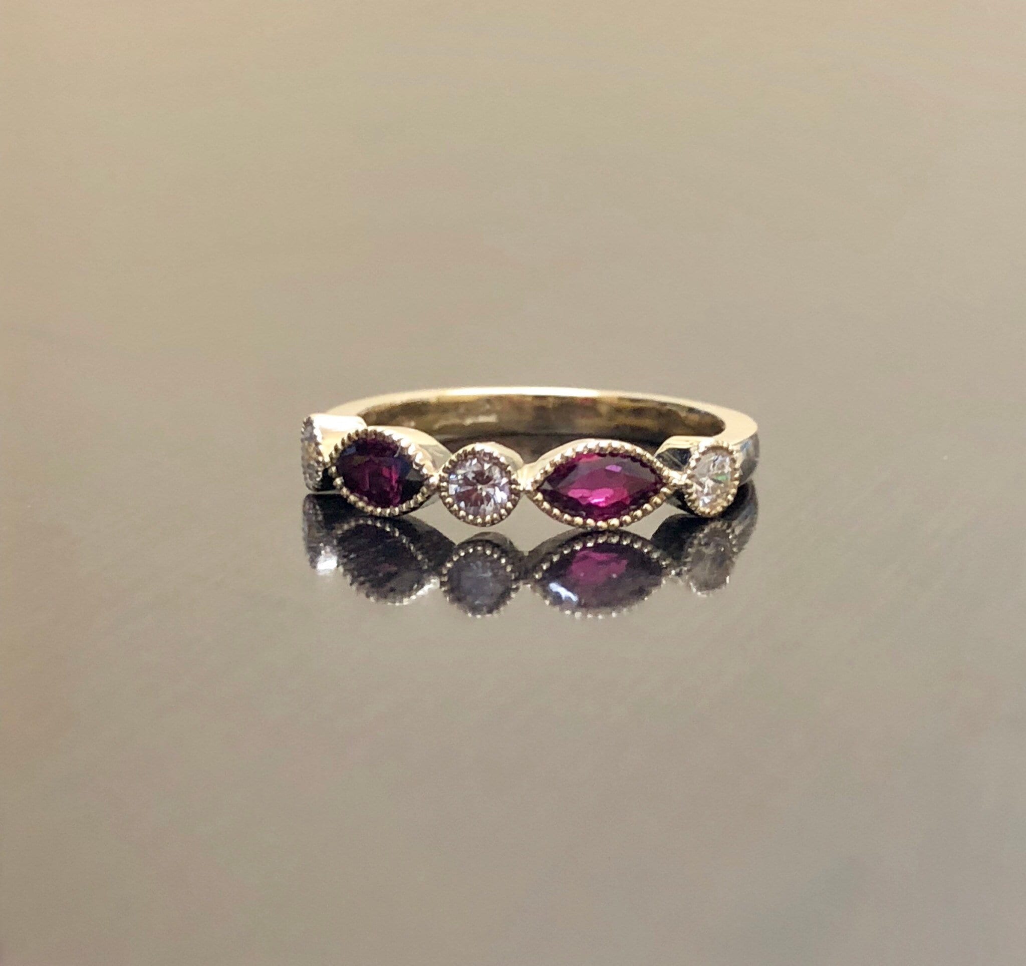 14K Yellow Gold Art Deco Diamond Marquise Ruby Wedding Band - Art Deco ...