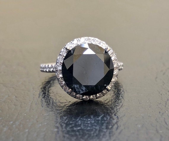 HOLD Modern Platinum French Pave Halo Black Diamond Engagement Ring - Handmade Platinum Black Diamond Wedding Ring - Halo Black Diamond Ring
