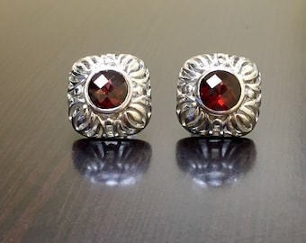 Art Deco Garnet Earrings - Sterling Silver Garnet Stud Earrings - Art Deco Earrings - Silver Garnet Earrings - Round Garnet Studs - Jewelry