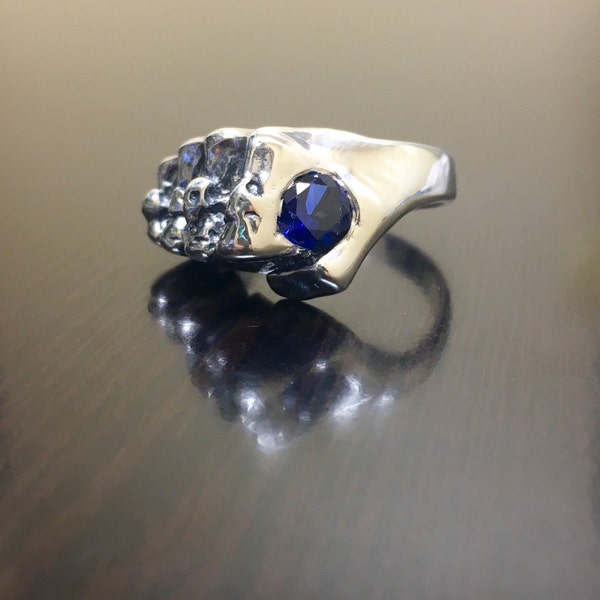 Sterling Silver Skull Fist Hand Ring - Silver Blue Sapphire Ring - Sapphire Silver Biker Ring - Handmade Silver Skull Fist Ring - Jewelry