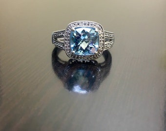 Art Deco Blue Topaz Diamond Engagement Ring - Blue Topaz Diamond Wedding Ring - Art Deco Topaz Ring - Topaz Wedding Ring - Halo Diamond Ring