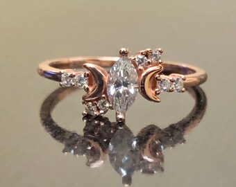 14K Rose Gold Crescent Moon Marquise Diamond Engagement Ring - Handmade Rose Gold Diamond Wedding Ring - Unique Diamond Rose Gold Ring