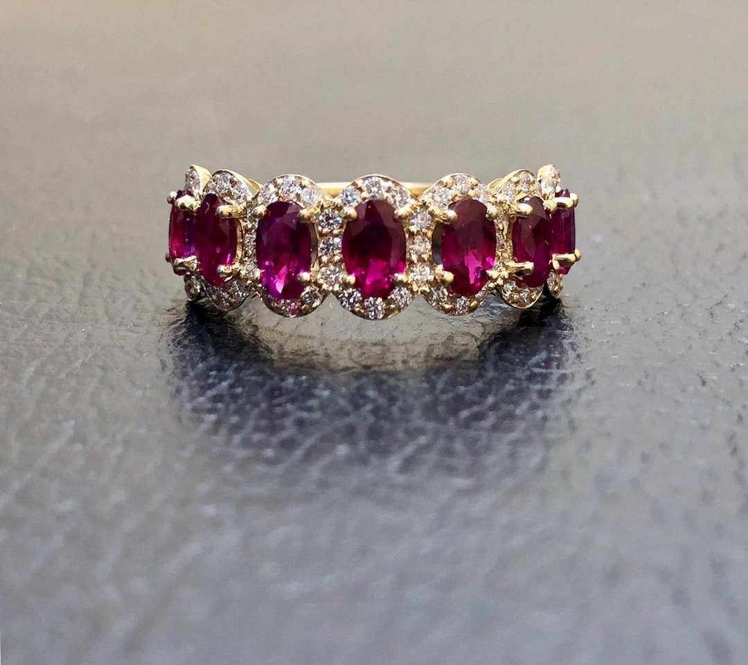 14K Yellow Gold Halo Diamond Half Eternity Ruby Engagement Band - Art ...