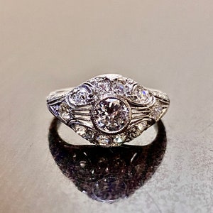 Platinum Old European Cut Diamond Engagement Ring - Estate Hand Engraved Platinum Diamond Wedding Ring - 1940&#39;s Antique Platinum Ring