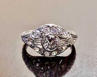 Platinum Old European Cut Diamond Engagement Ring - Estate Hand Engraved Platinum Diamond Wedding Ring - 1940's Antique Platinum Ring
