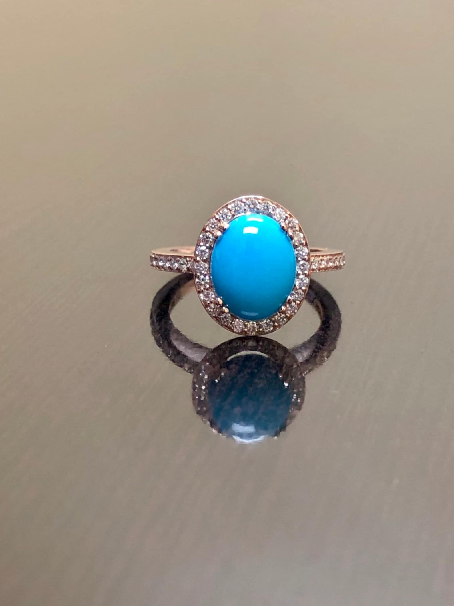 14K Rose Gold Turquoise Halo Diamond Engagement Ring - Rose Gold 14K Rose Gold Turquoise Halo Diamond Engagement Ring - Rose Gold