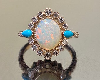 Handmade Rose Gold Art Deco Diamond Turquoise Opal Engagement Ring - 18K Rose Gold Opal Halo Diamond Wedding Ring - Halo Opal Rose Gold Ring