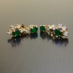 14K Yellow Gold Art Deco Diamond Emerald Earrings - Art Deco 14K Gold Emerald Diamond Earrings - 14K Gold Diamond Emerald Drop Earrings image 4