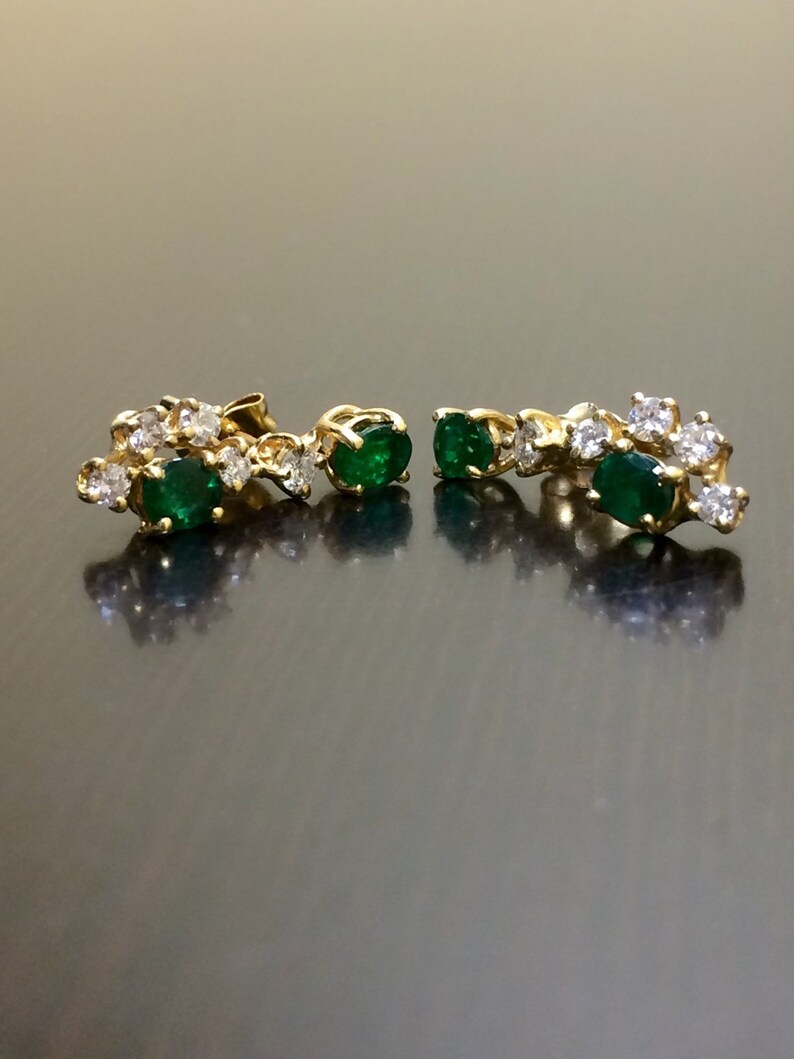 14K Yellow Gold Art Deco Diamond Emerald Earrings - Art Deco 14K Gold Emerald Diamond Earrings - 14K Gold Diamond Emerald Drop Earrings image 4