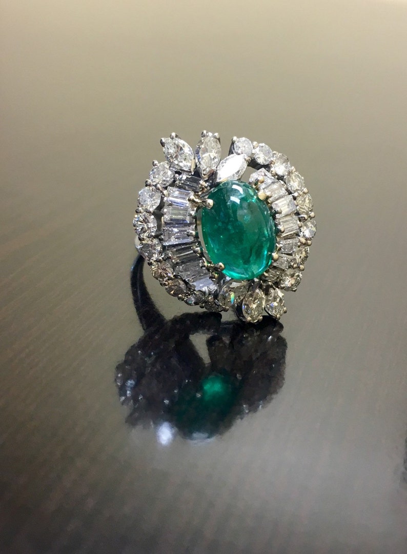 Art Deco Diamond Emerald Engagement Ring 14K White Gold Etsy
