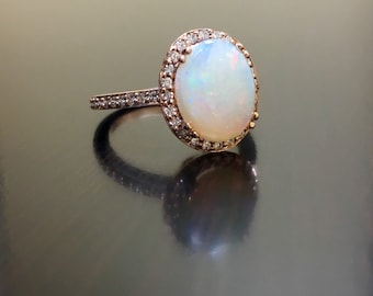 14K Rose Gold Halo Diamond Opal Engagement Ring - Art Deco Rose Gold Opal Diamond Wedding Ring - Rose Gold Opal Ring - Halo Diamond Ring