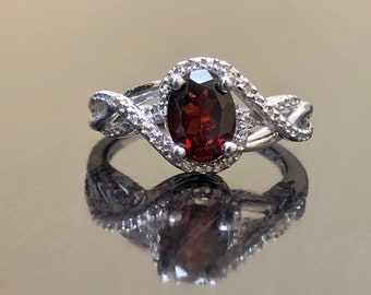 Sterling Silver Garnet Diamond Engagement Ring - Halo Diamond Garnet Wedding Band - Art Deco Diamond Garnet Ring - Garnet Diamond Ring