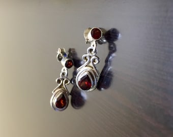 Sterling Silver Art Deco Garnet Earrings - Pear Shape Garnet Drop Earrings - Silver Garnet Dangling Earrings - Garnet Art Deco Earrings