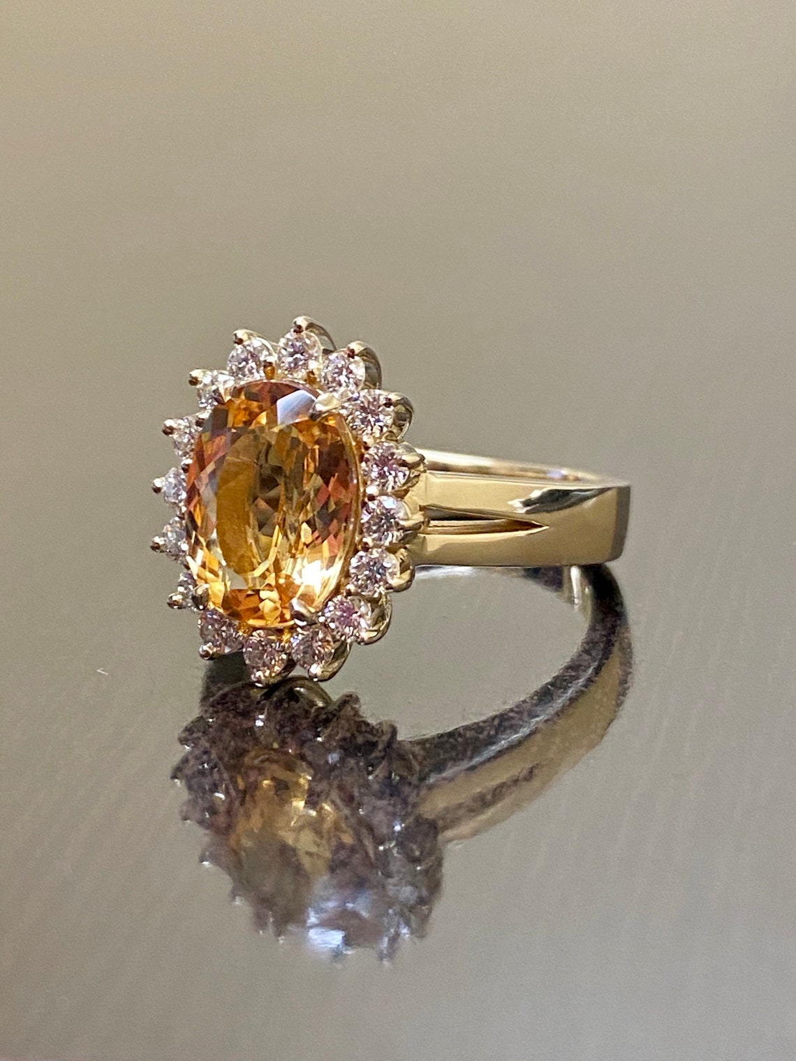 14K Yellow Gold Imperial Topaz Halo Diamond Engagement Ring | Etsy