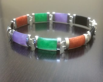 Jade Bracelet - Sterling Silver Multi Color Jade Bracelet - Silver Bracelet - Jade Jewelry - Handmade Bracelet - Silver Jade Bracelet