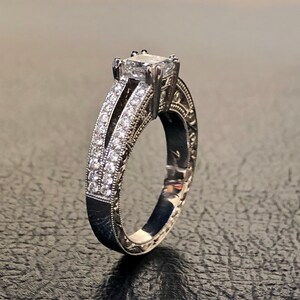 Platinum Radiant Cut Diamond Engagement Ring Art Deco Engraved Platinum Pave Diamond Wedding Ring Pave Diamond Ring Platinum Ring image 5
