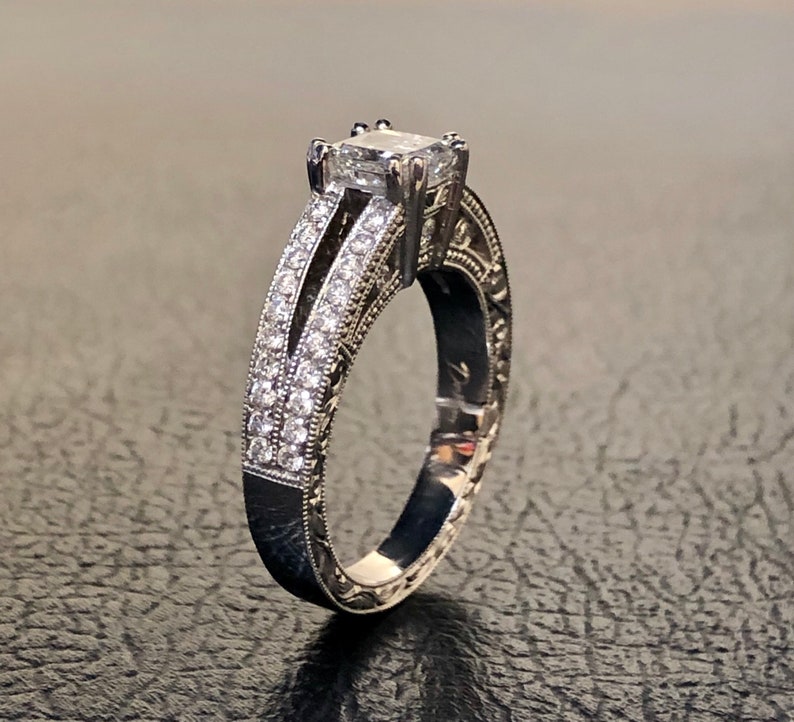 Platinum Radiant Cut Diamond Engagement Ring Art Deco Engraved Platinum Pave Diamond Wedding Ring Pave Diamond Ring Platinum Ring image 5