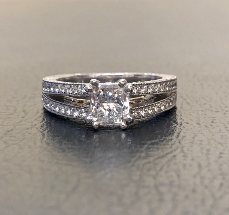 Platinum Radiant Cut Diamond Engagement Ring Art Deco Engraved Platinum Pave Diamond Wedding Ring Pave Diamond Ring Platinum Ring image 1