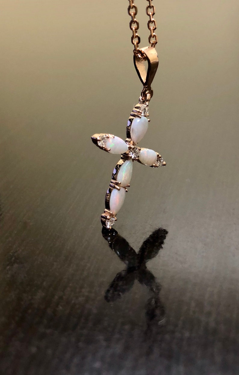 14K Rose Gold Diamond Opal Necklace 14K Rose Gold Opal Cross - Etsy