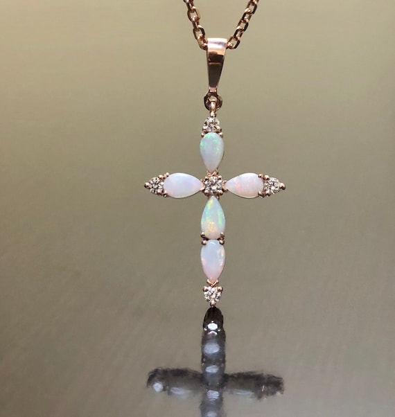18K Rose Gold Diamond Opal Necklace 18K Rose Gold Opal Cross