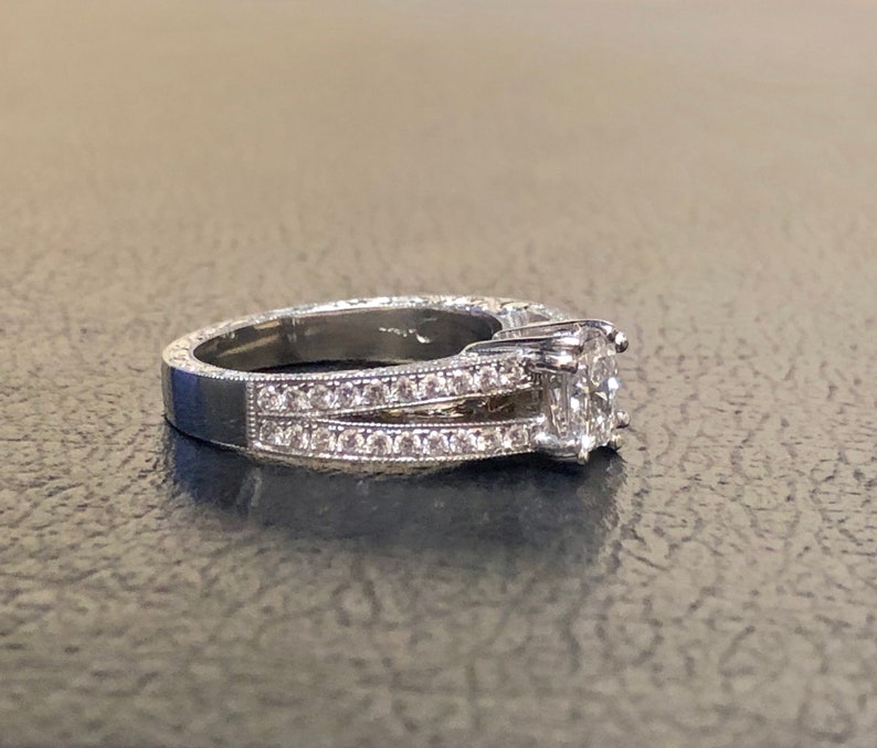Platinum Radiant Cut Diamond Engagement Ring Art Deco Engraved Platinum Pave Diamond Wedding Ring Pave Diamond Ring Platinum Ring image 3