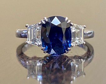 Art Deco Three Stone Platinum Diamond Royal Blue Sapphire Engagement Ring - Oval Blue Sapphire Platinum Trapezoid Diamond Wedding Ring