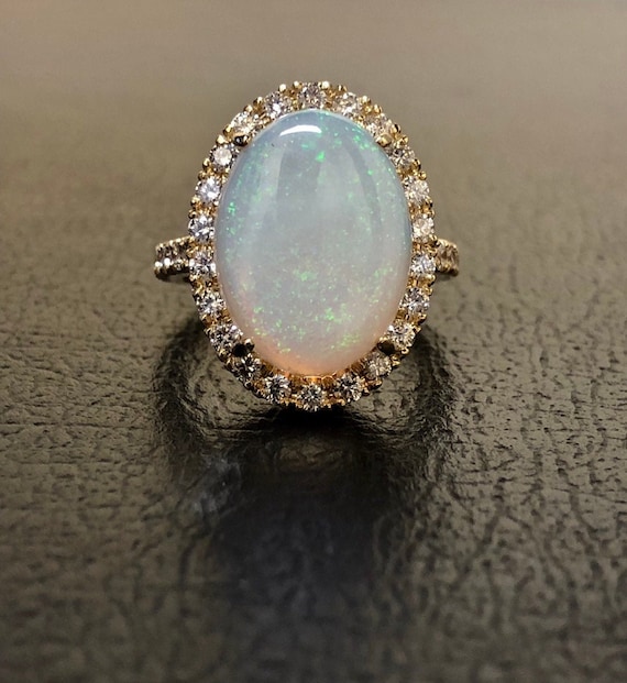 14k Yellow Gold Oval Opal And Diamond Pendant Chain NOT included