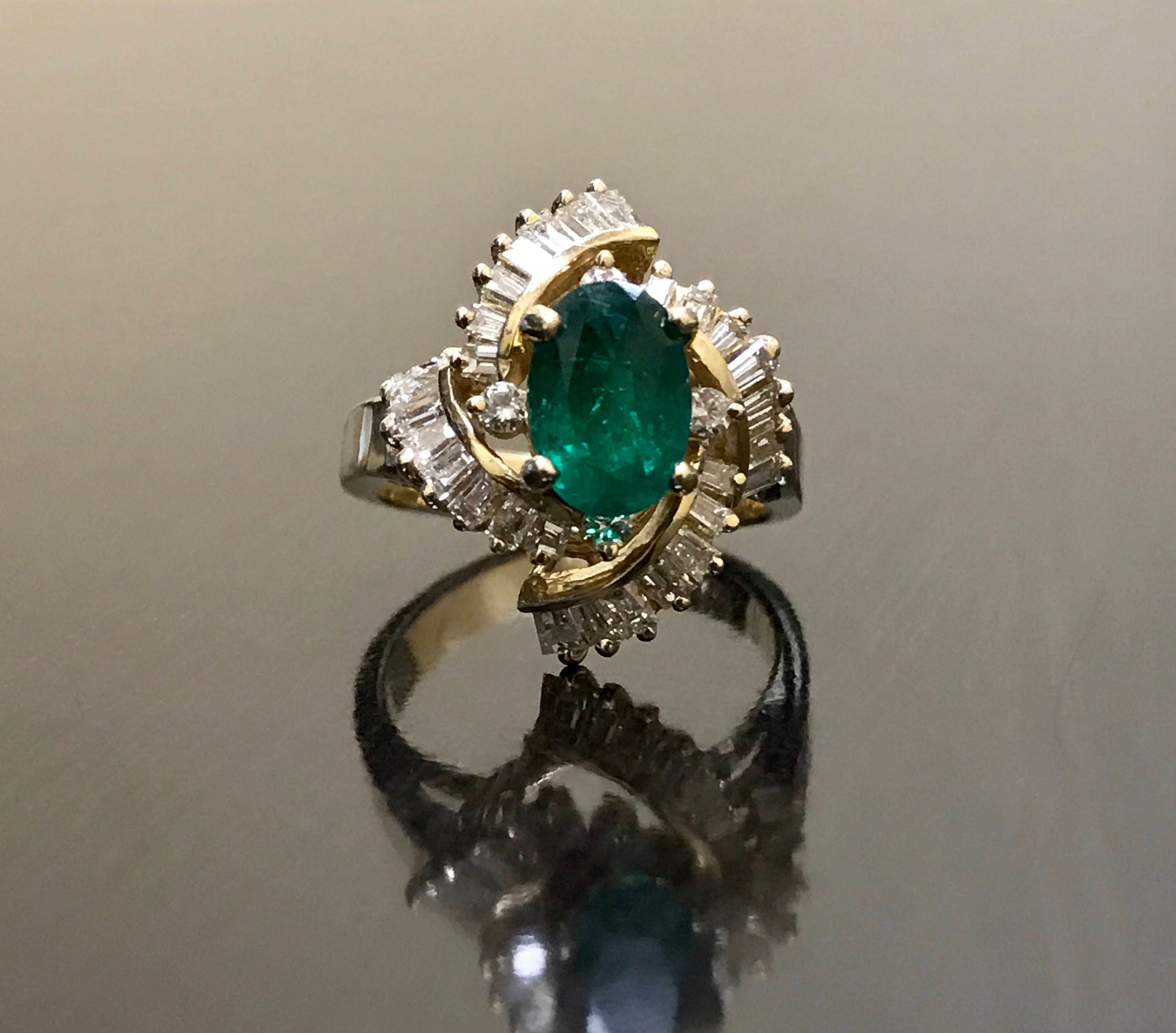 Art Deco Diamond Emerald Engagement Ring 14K Gold Emerald | Etsy