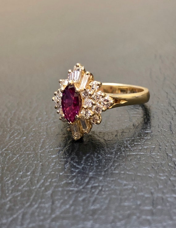 18K Yellow Gold Diamond Ruby Engagement Ring - 14… - image 7