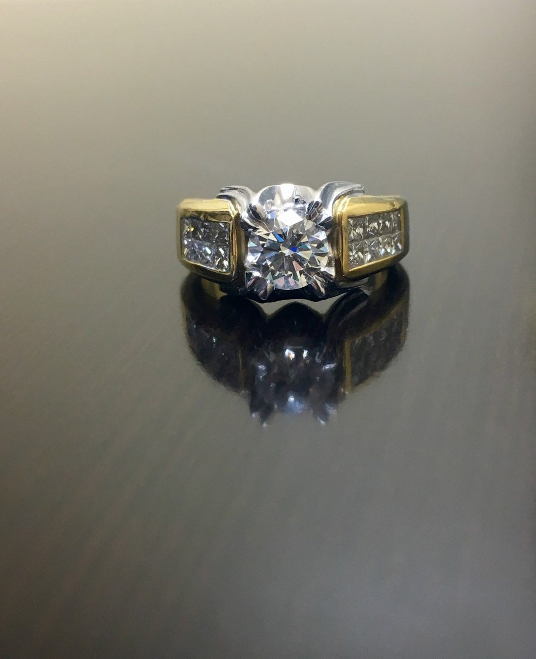 18K Yellow Gold Platinum Diamond Engagement Ring - Art Deco Platinum ...