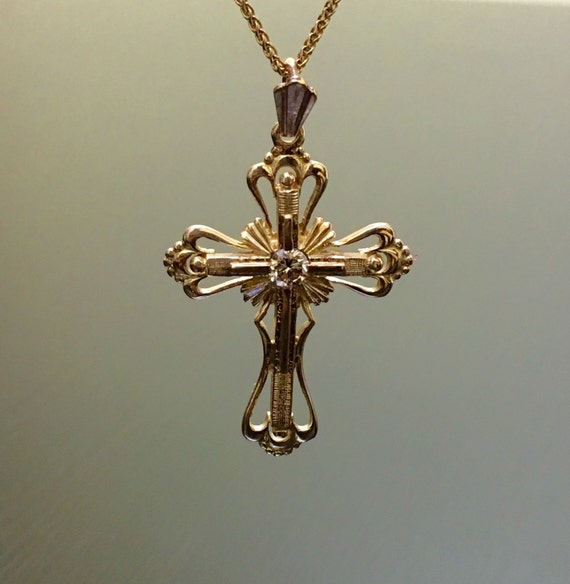 Antique Style 14K Rose Gold Art Deco Diamond Cross