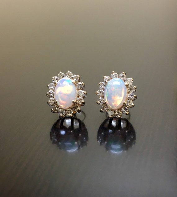 Details about   Real 14kt Yellow Gold Opal and Diamond Earrings