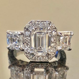 Hand Engraved Art Deco Platinum Three Stone Asscher Cut Diamond Halo Emerald Cut Diamond Engagement Ring - Platinum GIA Diamond Wedding Ring