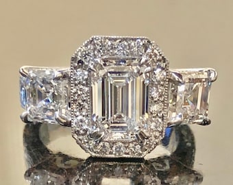 Hand Engraved Art Deco Platinum Three Stone Asscher Cut Diamond Halo Emerald Cut Diamond Engagement Ring - Platinum GIA Diamond Wedding Ring