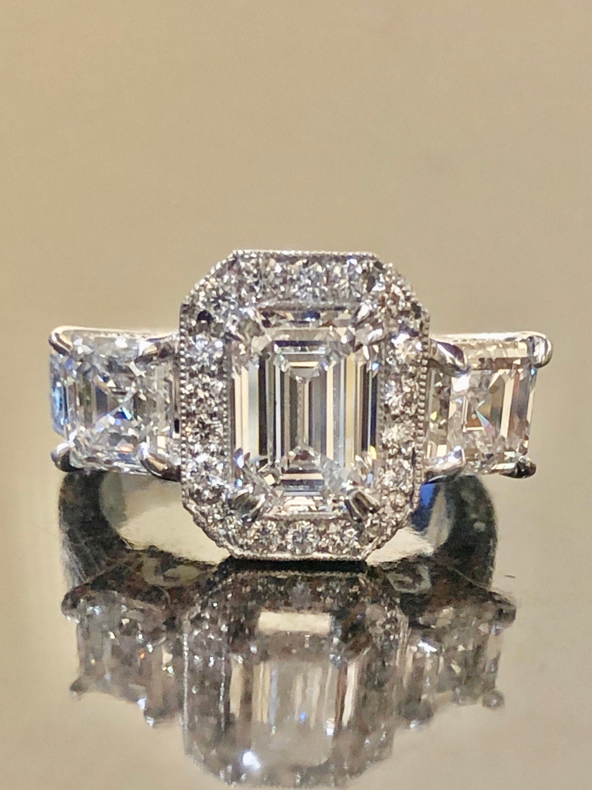 Hand Engraved Art Deco Platinum Three Stone Asscher Cut Diamond