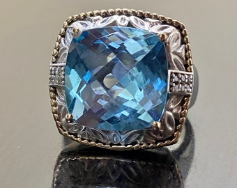 Sterling Silver 14K Yellow Gold Diamond Cushion Cut Blue Topaz Ring - Large Blue Topaz Art Deco Silver Diamond Ring - Gold Blue Topaz Ring