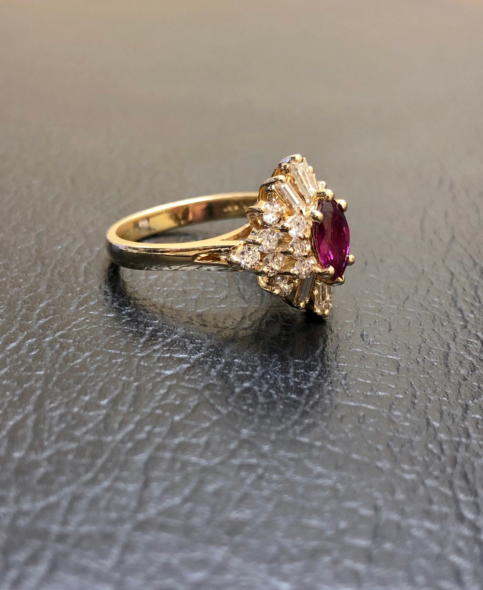 14K Yellow Gold Ruby Diamond Engagement Ring - 14K Gold Marquise Ruby ...