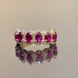 18K Yellow Gold Half Eternity Diamond Halo Ruby Engagement Band - 18K ...