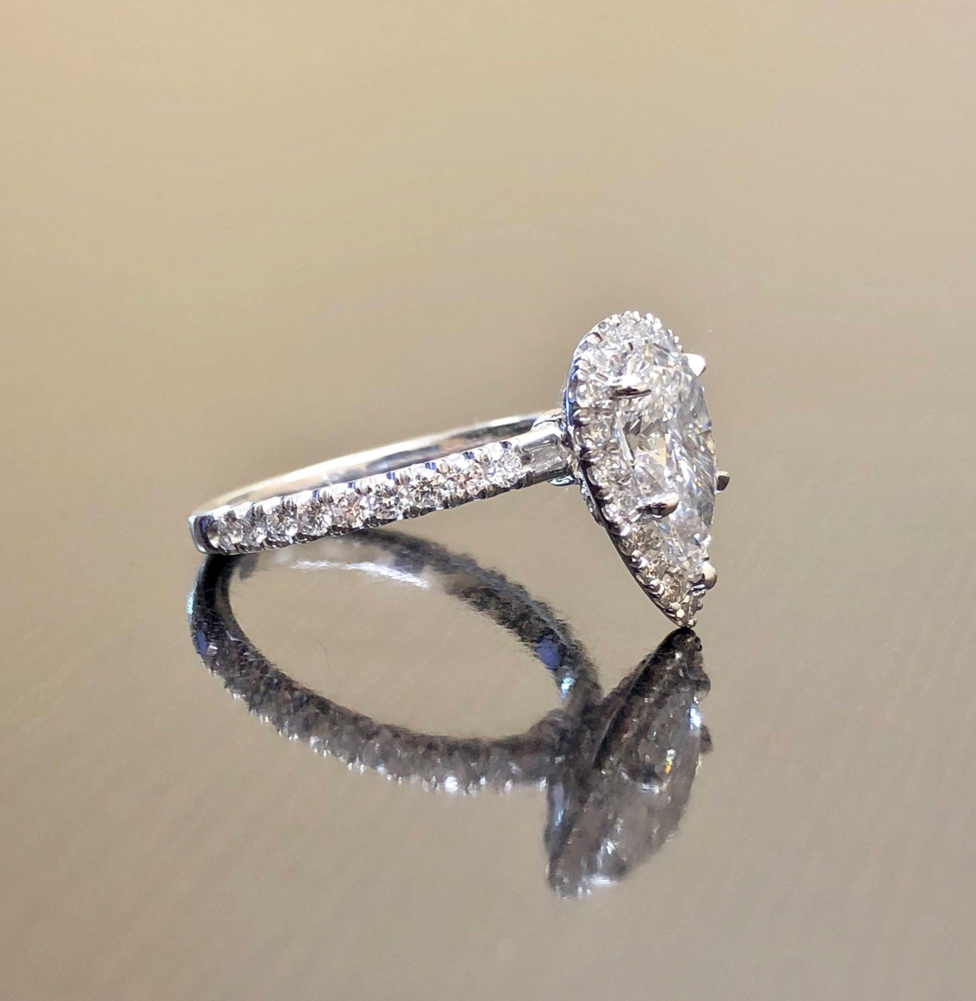 Pear Shape Diamond Halo Engagement Ring Platinum Art Deco | Etsy