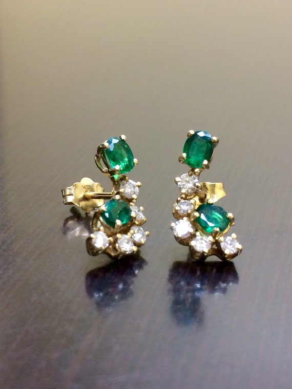 14K Yellow Gold Art Deco Diamond Emerald Earrings - Art Deco 14K Gold Emerald Diamond Earrings - 14K Gold Diamond Emerald Drop Earrings