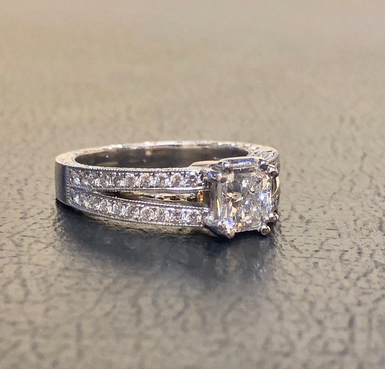 Platinum Radiant Cut Diamond Engagement Ring Art Deco Engraved Platinum Pave Diamond Wedding Ring Pave Diamond Ring Platinum Ring image 2