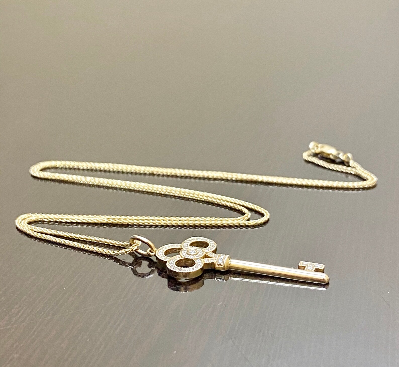 14K Yellow Gold Key Diamond Necklace - Handmade Yellow Gold Diamond Key ...