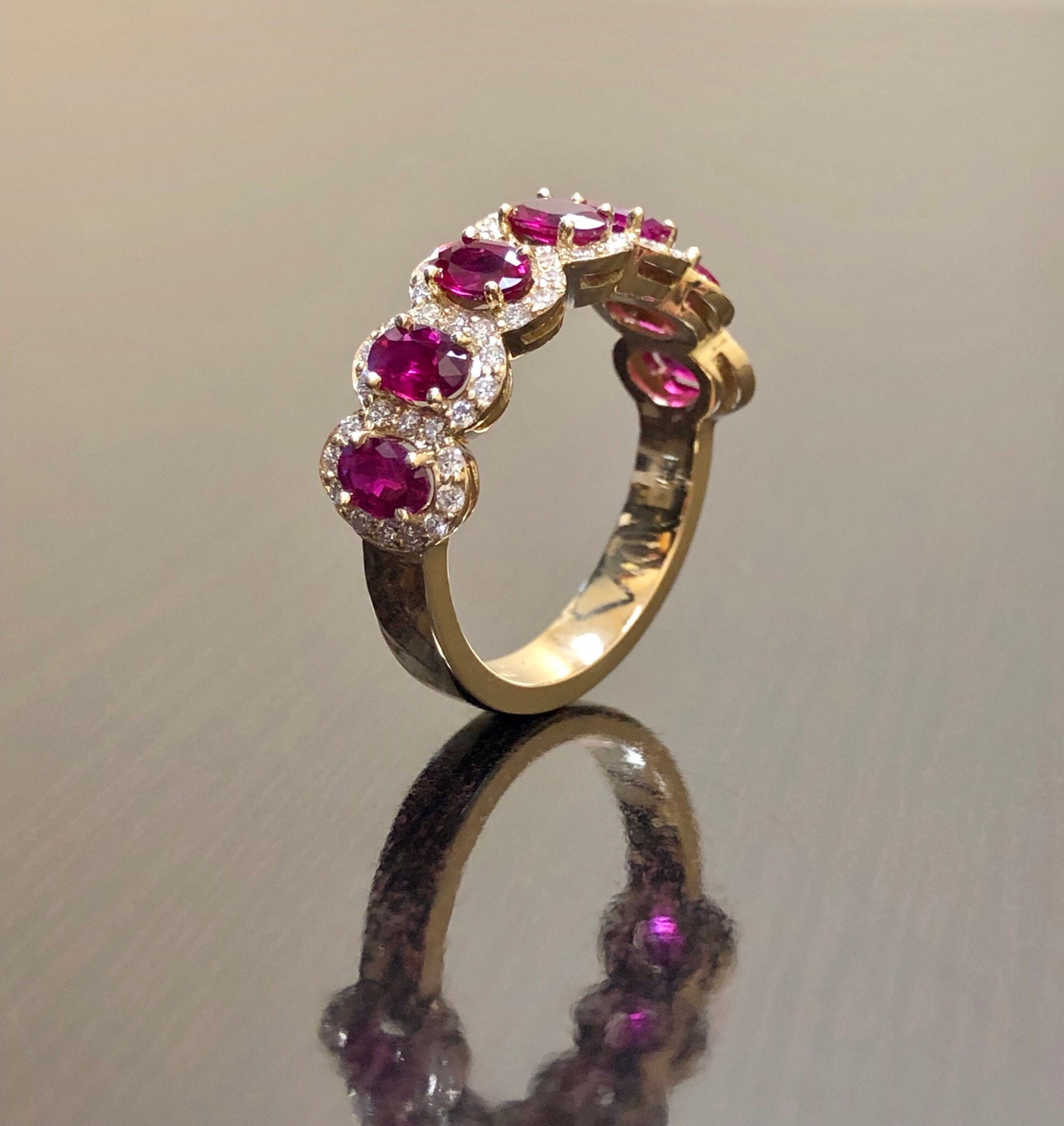 18K Yellow Gold Half Eternity Diamond Halo Ruby Engagement Band - 18K ...